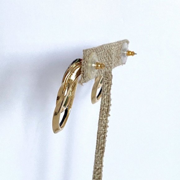 Green Pink Black Enamel Double Loop Metal Gold Tone Pierced Earrings 1.5in - Picture 9 of 9